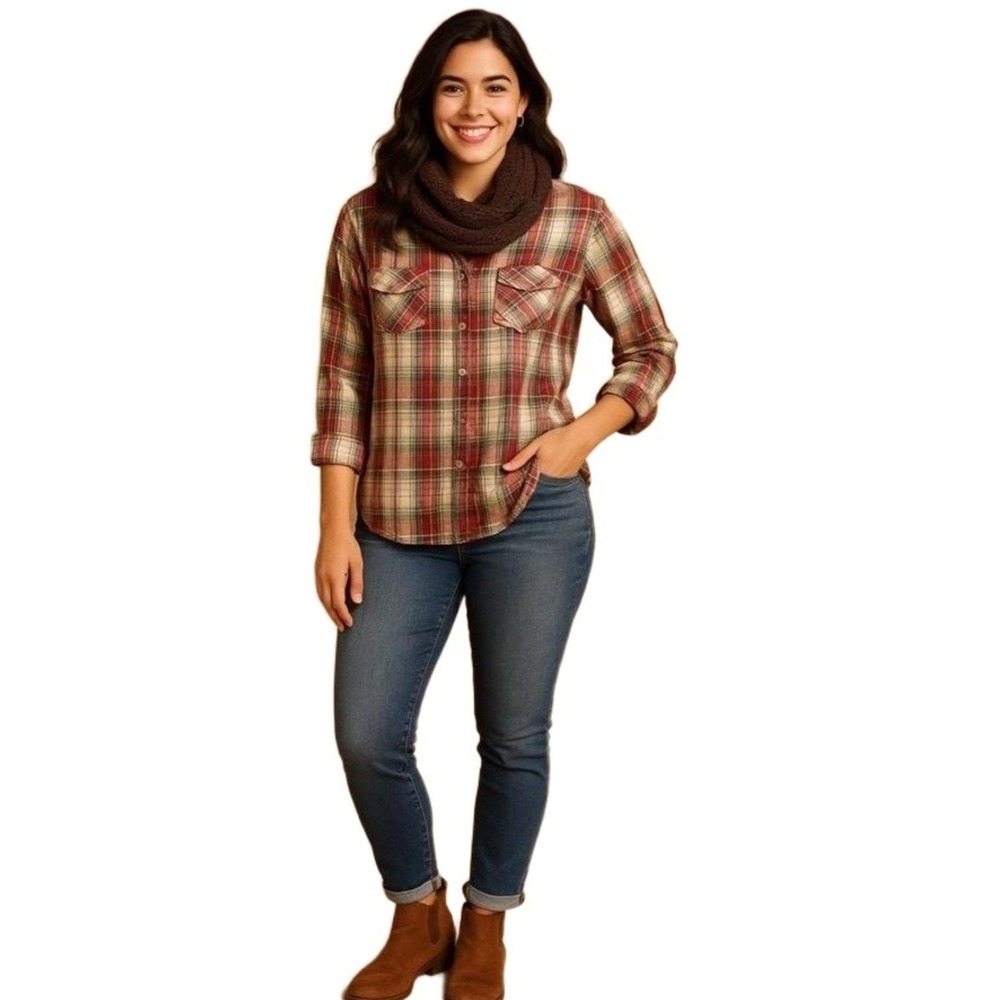 Cato 100% Cotton Red & Green Plaid Button-Down Shirt Size Medium Utility